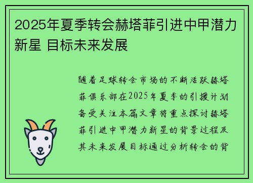 2025年夏季转会赫塔菲引进中甲潜力新星 目标未来发展 2025年夏季转会赫塔菲引进中甲潜力新星 目标未来发展